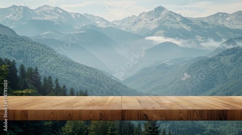 Empty beautiful wood tabletop counter on interior in clean and bright mountain background