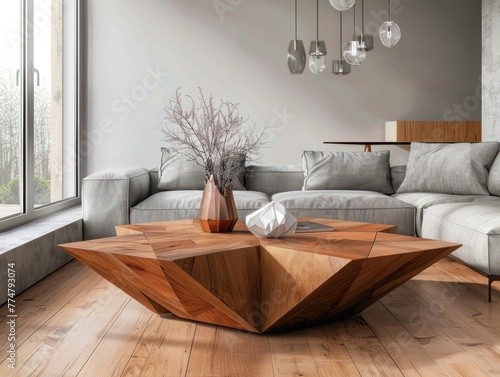 Artisan crafted wooden coffee table unique geometric shapes photo