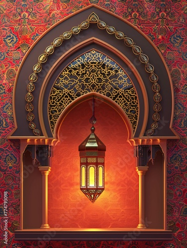 An ornate Islamic arch adorned with a hanging lantern.