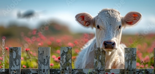 young cow behind a picket f...