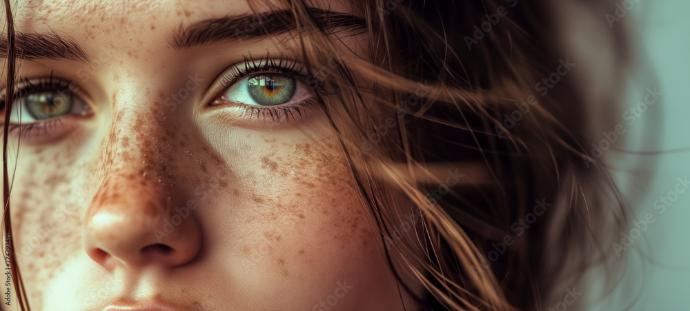 Young woman with freckles and striking green eyes Young woman with freckles and striking green eyes