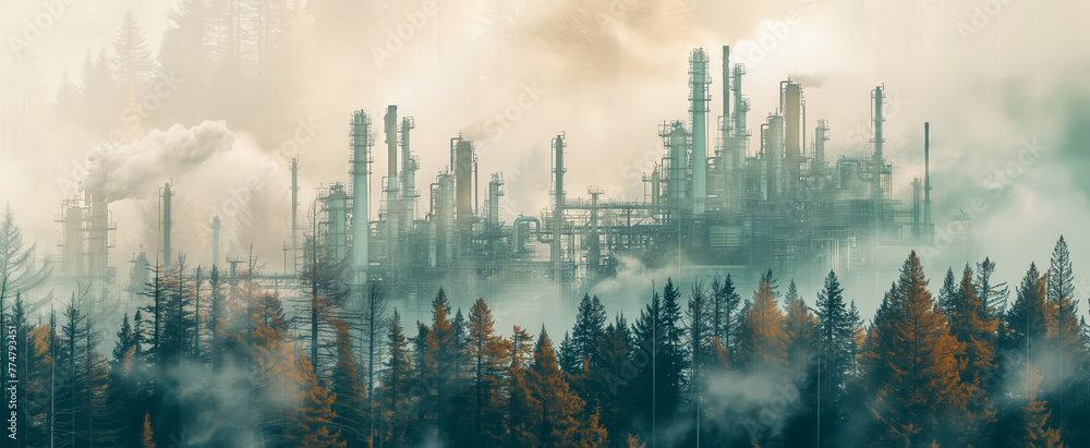 Industrial plant emissions towering over autumn forest - obrazy, fototapety, plakaty 