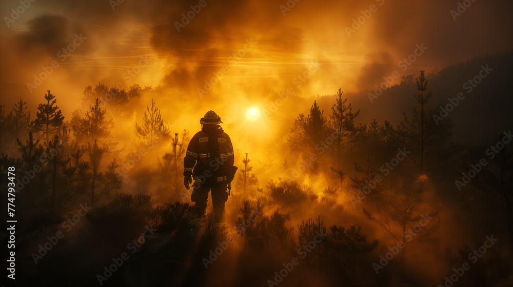 A firefighter on fired forest 