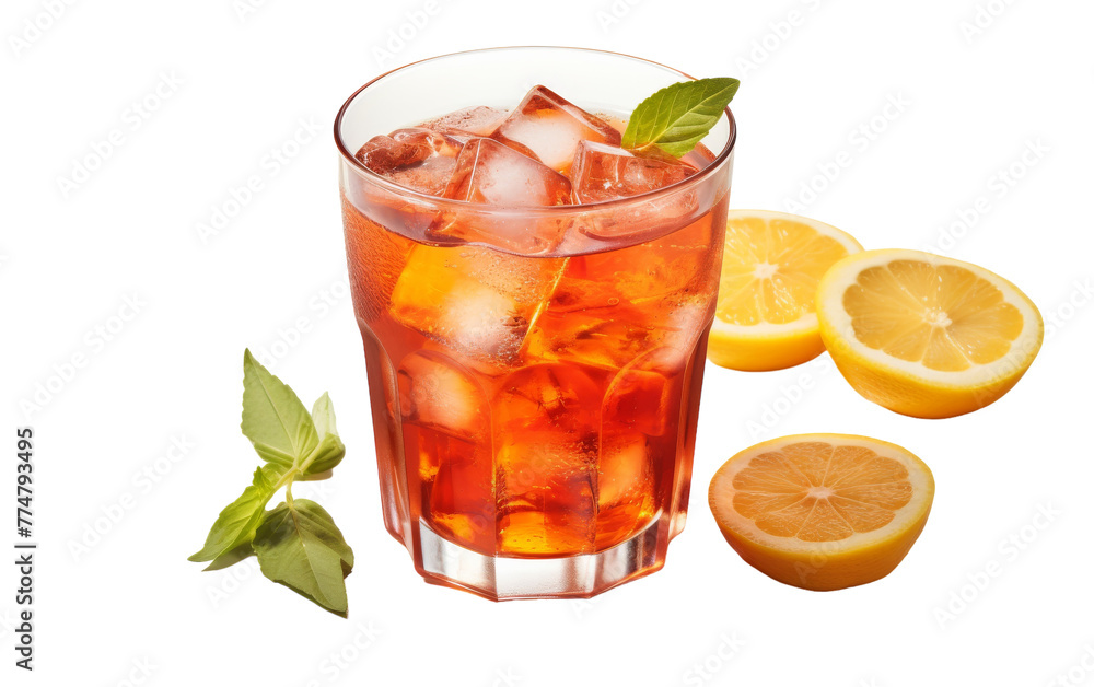 Fototapeta premium A glass filled with iced tea, lemons, and mint leaves, creating a refreshing and vibrant composition