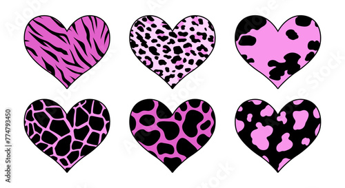 Heart set. Tiger, leopard, cow print. Symbol of love. Valentine's day. Vector illustration.