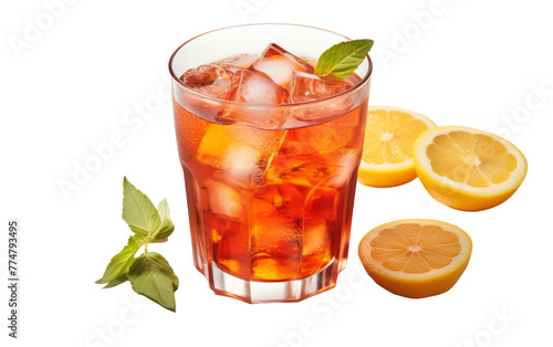 A glass filled with iced tea, lemons, and mint leaves, creating a refreshing and vibrant composition