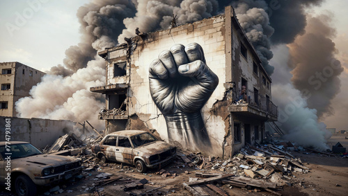 Graffiti of a Raised Fist on the Wall of a House in a Ruined Urban Landscape