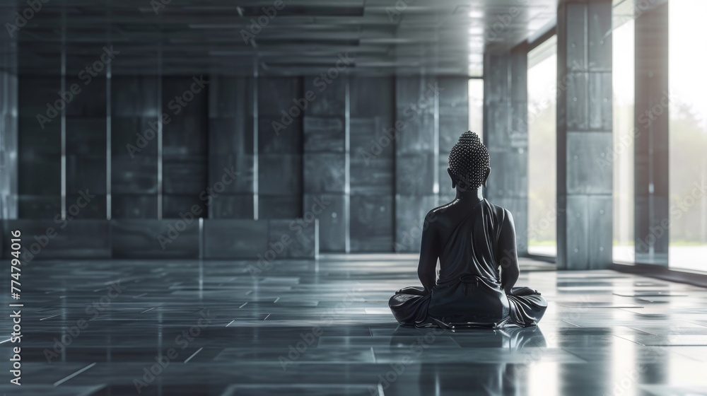 A statue of a buddha sitting in the middle of an empty room, AI A statue of a buddha sitting in the middle of an empty room, AI