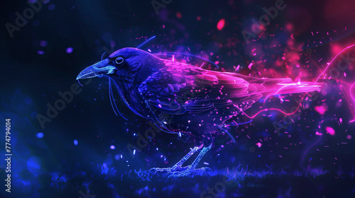 Black raven, abstract neon background. © MiaStendal