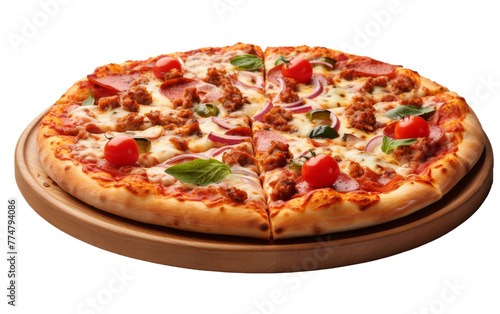 A savory pizza perched on top of a rustic wooden tray, ready to be enjoyed