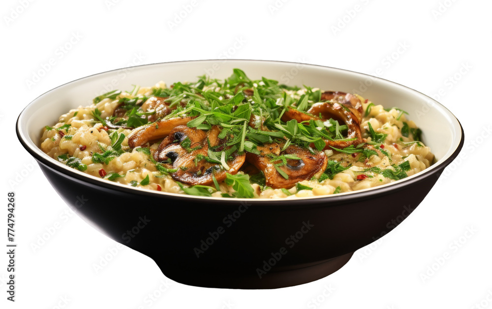 A black bowl filled with a savory blend of pasta and freshly sautéed mushrooms