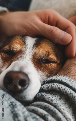 A photo of an old golden retriever dog with its head resting on a lap, gently touching its face with human hands in the style of human hands