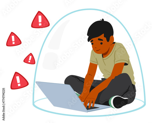 Boy Character Works On A Laptop While Practicing Web Safety, Ensuring Secure Browsing, Protecting Personal Information