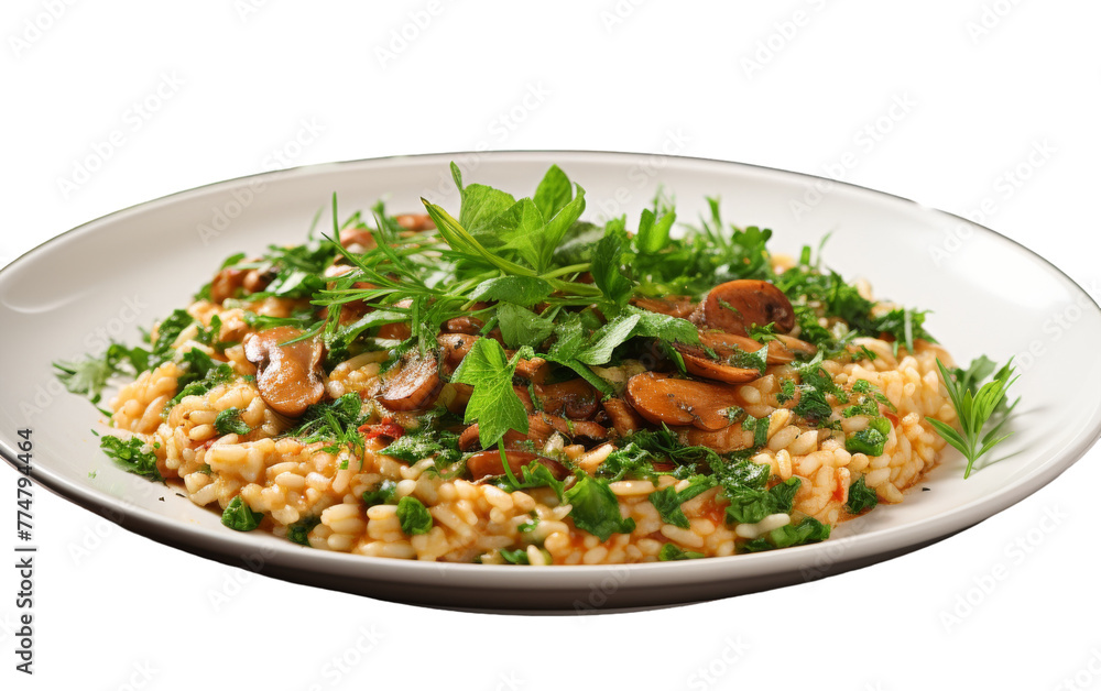 A white plate holds pasta topped with savory mushrooms, creating a delectable culinary masterpiece A white plate holds pasta topped with savory mushrooms, creating a delectable culinary masterpiece
