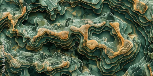 Aerial topographic map pattern, detailing the varied terrains of Wildlands from mountains to jungles and deserts, with elevation lines and waypoints created with Generative AI Technology photo