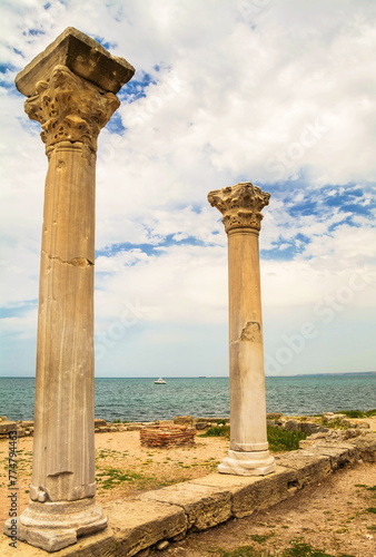 Ruins of an ancient ancient city on the background of the sea