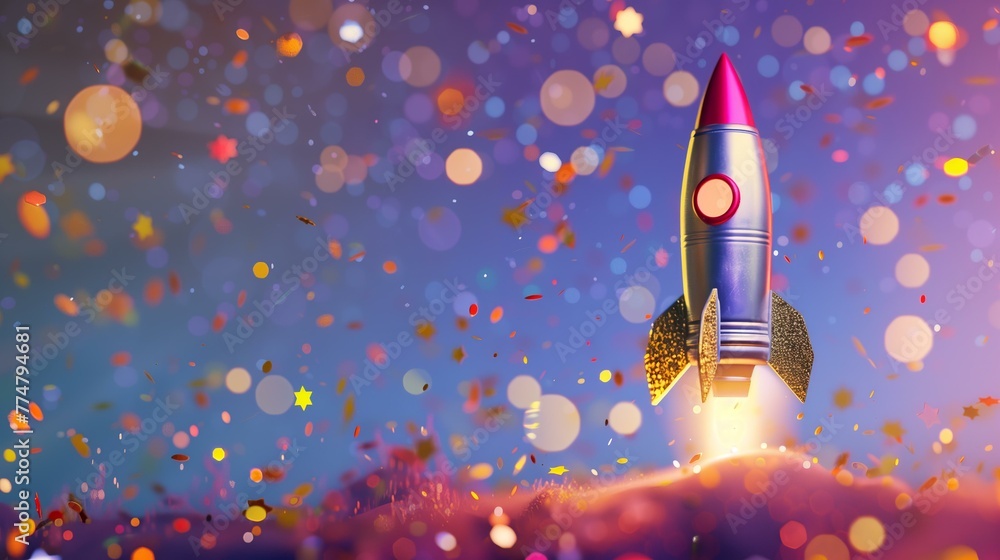 metallic brass retro toy rocket on a pastel purple background with golden confetti, cosmonautics space day metallic brass retro toy rocket on a pastel purple background with golden confetti, cosmonautics space day