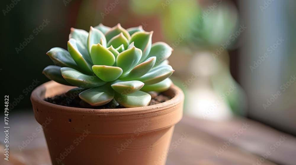 A small plant in a pot on top of wooden table, AI A small plant in a pot on top of wooden table, AI