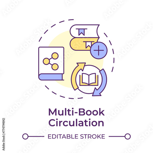 Multi-book circulation multi color concept icon. Customer service, user experience. Round shape line illustration. Abstract idea. Graphic design. Easy to use in infographic, blog post