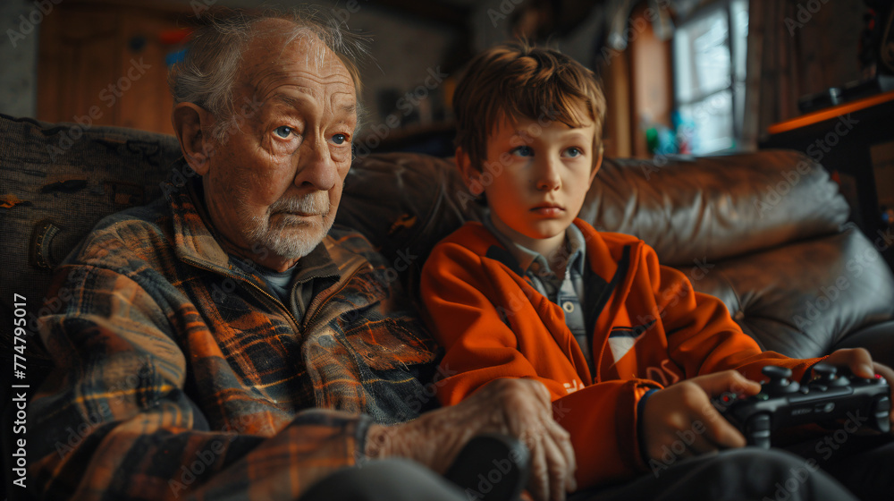 Senior man and young boy engrossed in console gaming. Family time and shared hobbies concept. Design for generational connection, home activities, and social inclusion Senior man and young boy engrossed in console gaming. Family time and shared hobbies concept. Design for generational connection, home activities, and social inclusion