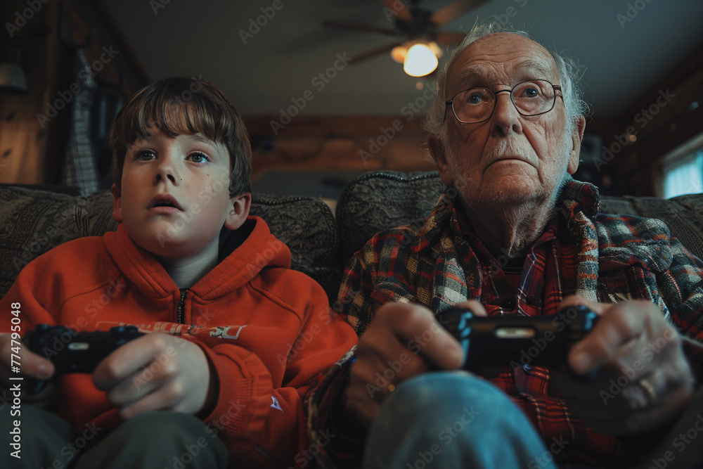 Senior man and young boy engrossed in console gaming. Family time and shared hobbies concept. Design for generational connection, home activities, and social inclusion