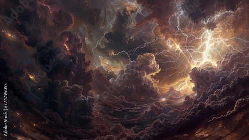 Storm clouds and lightning painting the sky - This artistic image captures the dramatic essence of a storm with vivid lightning and imposing clouds, evoking the power of nature