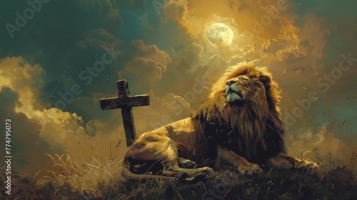 Lion with cross under celestial moonlight - A stirring portrayal of a lion with a symbolic cross under a celestial moon with spiritual significance photo