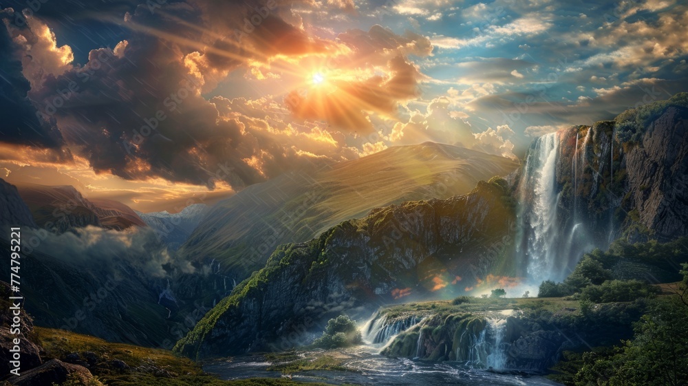 Sunset over a cascading cliff waterfall - An awe-inspiring image depicting a fiery sunset over a powerful cliff waterfall in a lush green valley Sunset over a cascading cliff waterfall - An awe-inspiring image depicting a fiery sunset over a powerful cliff waterfall in a lush green valley