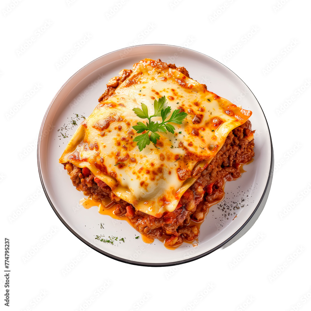 Meat lasagna on a white plate isolated on a cutout PNG transparent background
