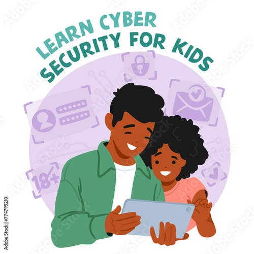 Children Learn Cybersecurity Through Interactive Games, Educational Programs, And Parental Guidance, Vector Illustration