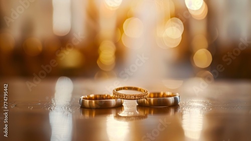 Wedding rings on reflective surface - Close-up shot of two golden wedding rings on a reflective surface with a warm bokeh background, symbolizing union