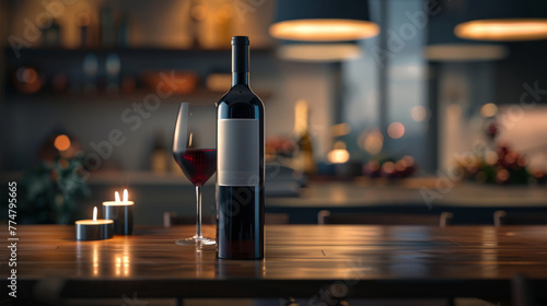 Candlelight enhances the serene atmosphere of a wine bottle and glass setup on a wooden table.