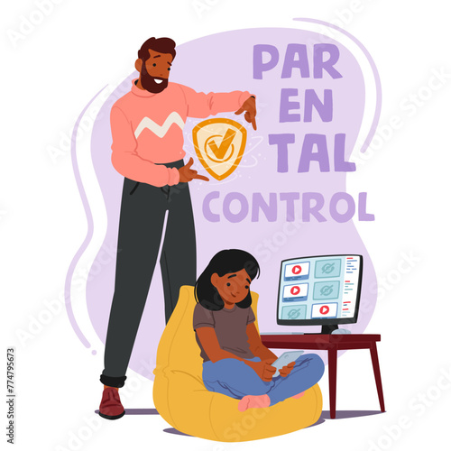 Dad Character Vigilantly Oversees His Child Online Activities, Using Parental Controls On The Pc And Mobile Phone