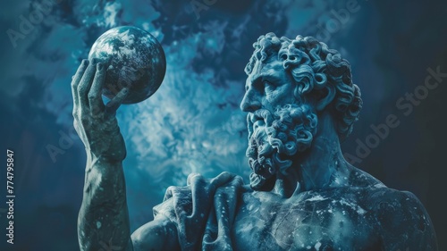 Statue holding the world amidst celestial backdrop - A striking statue of a figure withholding a blurred face, holding a globe against a backdrop of cosmic clouds