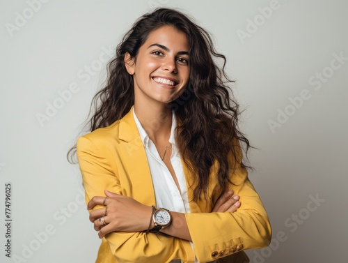 A woman in a business suit is smiling and laughing