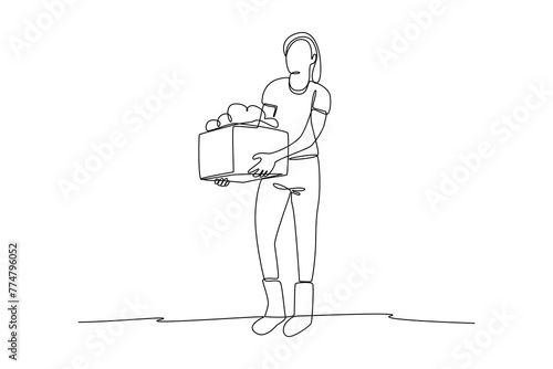 Single one line drawing of women carrying crops in the fields. Farming challenge minimal concept. Continuous line draw design graphic vector illustration.