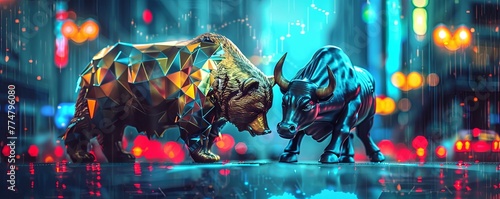 A bear and bull in the stock market, one of them is on top with gold elements, the other side has silver metal colors, in the style of cyberpunk, with a stock exchange background