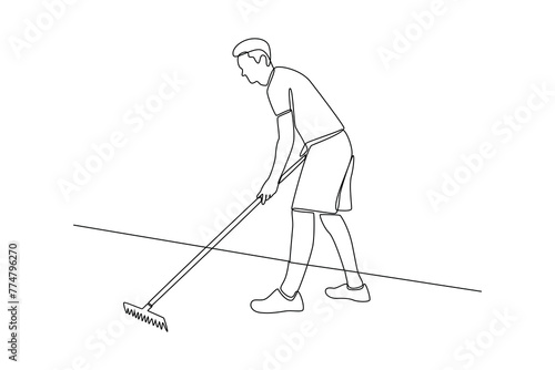 Single one line drawing of a young farmer is cleaning the garden.. Farming challenge minimal concept. Continuous line draw design graphic vector illustration.