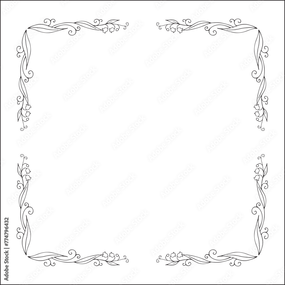 Black and white vegetal ornamental frame with lily of the valley, decorative border, corners for greeting cards, banners, business cards, invitations, menus. Isolated vector illustration.	
