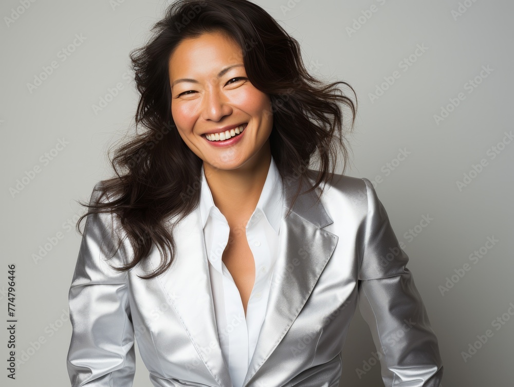 A woman in a business suit is smiling and laughing A woman in a business suit is smiling and laughing