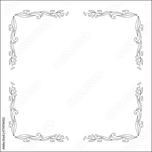 Black and white vegetal ornamental frame with lily of the valley, decorative border, corners for greeting cards, banners, business cards, invitations, menus. Isolated vector illustration.	
