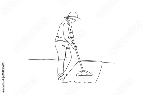 Single one line drawing of a female farmer is loosening the soil ready for planting. Farming challenge minimal concept. Continuous line draw design graphic vector illustration.