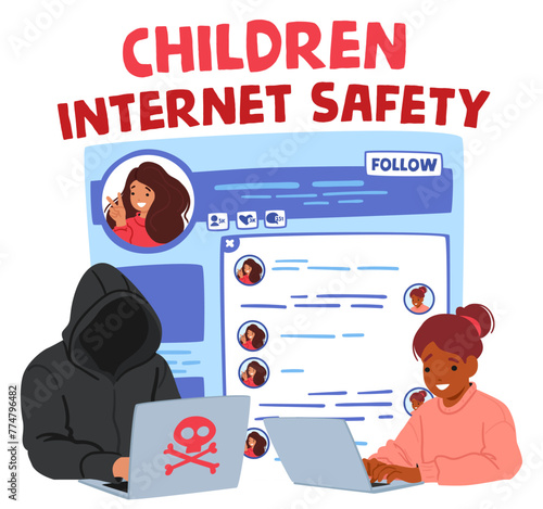 In A Brightly Colored Online Chat Room, A Girl Types Cheerfully with Hooded Anonymous Figure, Watches Silently