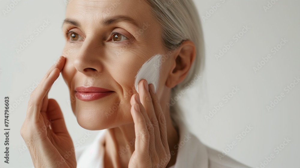 Image of an elderly woman using facial cream on a white background. Image of an elderly woman using facial cream on a white background.