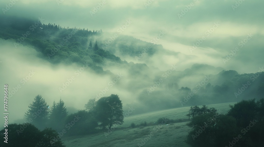 Landscape shrouded in a delicate veil of fog. - obrazy, fototapety, plakaty 