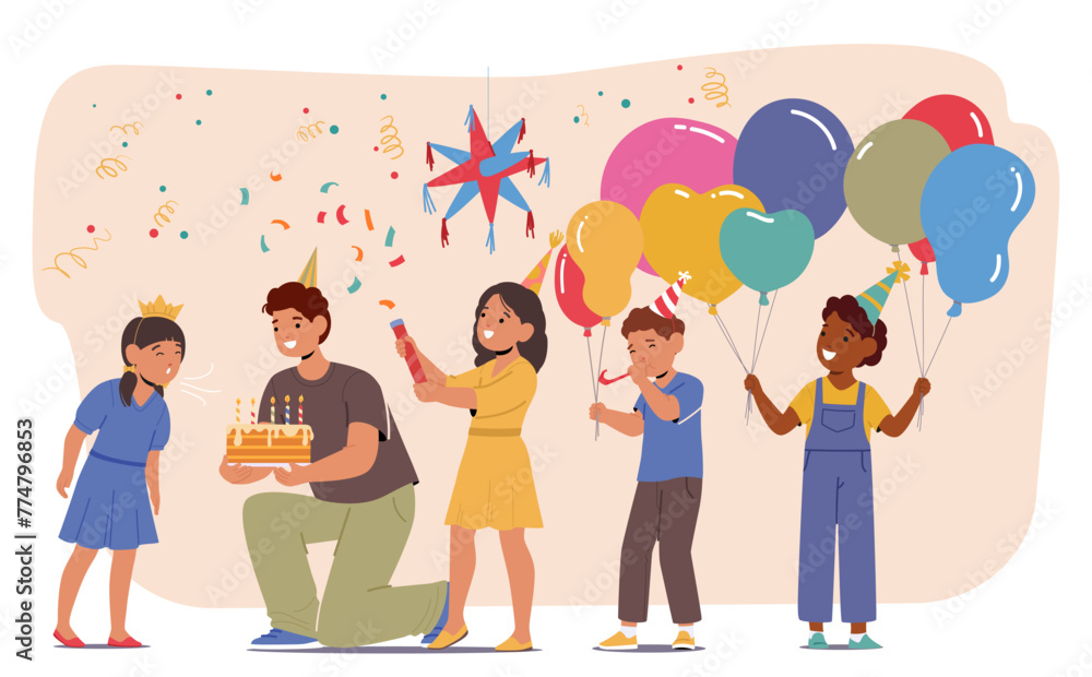 Joyful Girl Character, Surrounded By Friends, Beams As She Blows Out Candles On Her Birthday Cake, Vector Illustration