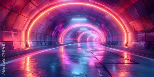 Futuristic neon lights create a dynamic path resembling a fastmoving highway in a virtual reality setting. Concept Neon Lights, Futuristic Pathway, Virtual Reality, Dynamic Setting