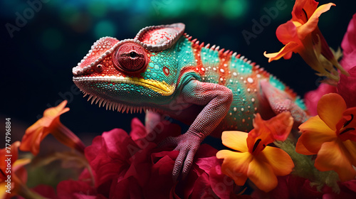 Chameleon on a flower. Beautiful macro detail © juraj