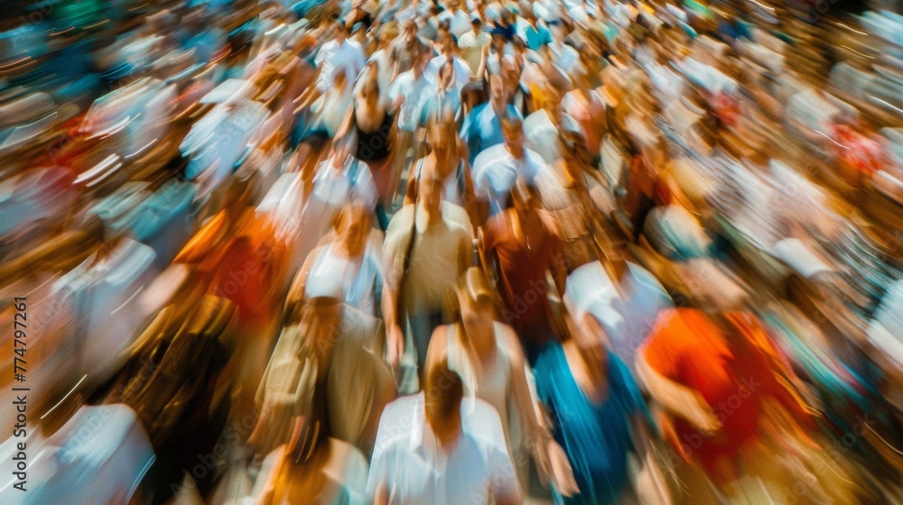 Fototapeta premium A blurry image of a crowd moving in the same direction, AI