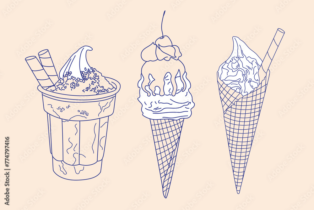 Ice cream set, outline icons set vector illustration